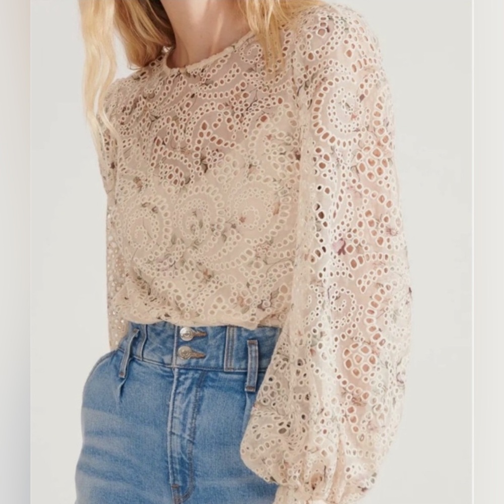 Veronica Beard Azar Eyelet Blouse Sz S 4 Floral Lace Ivory Ecru Embroidery